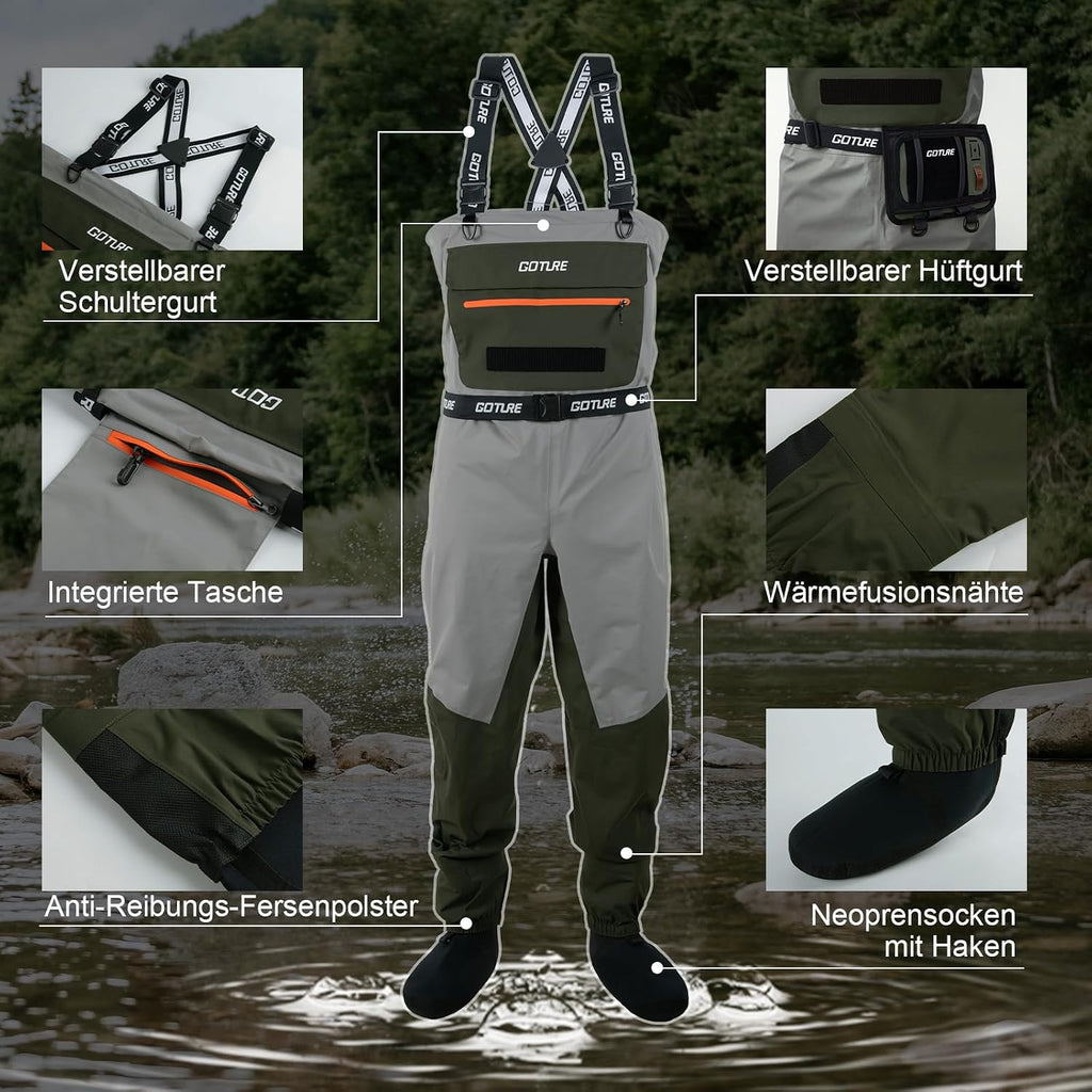 Goture Atmungsaktive Wathose Herren Wasserdicht, 5-Lagen Nylon Angeln Brustwathose Mit Abnehmbarem Ausrüstungsgürtel, 25000Mm WPR, 4Mm Neopren-Füßlinge Für Fliegenfischen