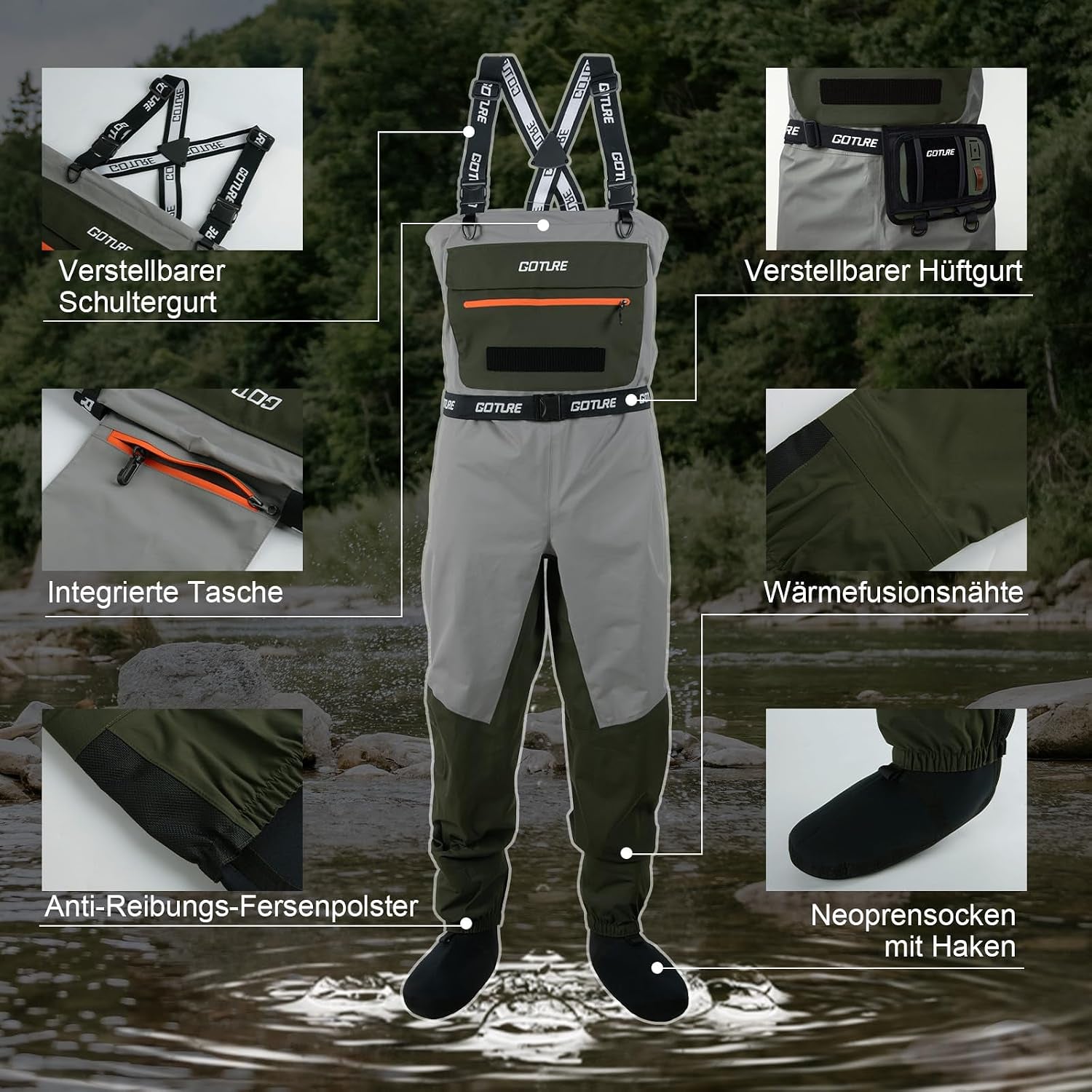 Goture Atmungsaktive Wathose Herren Wasserdicht, 5-Lagen Nylon Angeln Brustwathose Mit Abnehmbarem Ausrüstungsgürtel, 25000Mm WPR, 4Mm Neopren-Füßlinge Für Fliegenfischen