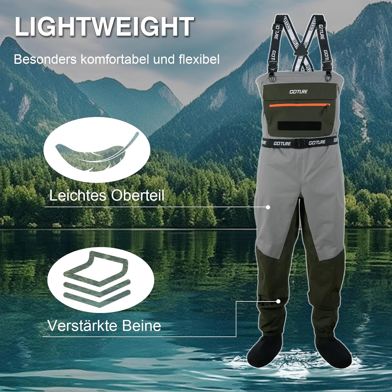 Goture Atmungsaktive Wathose Herren Wasserdicht, 5-Lagen Nylon Angeln Brustwathose Mit Abnehmbarem Ausrüstungsgürtel, 25000Mm WPR, 4Mm Neopren-Füßlinge Für Fliegenfischen