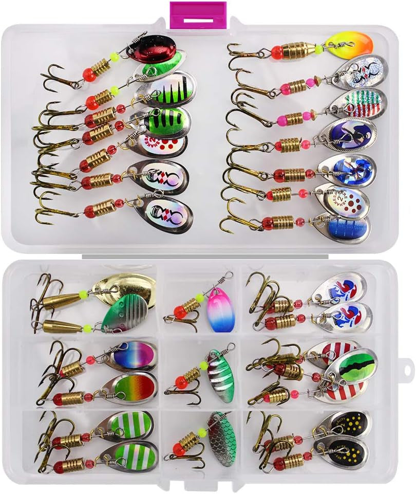 Fishing Lures, Spinner Baits with Plastic Box for Bass Perch Pike Walleye Trout Salmon, Assorted Hard Metal Spinner Lures Kit, Fit Saltwater and Freshwater