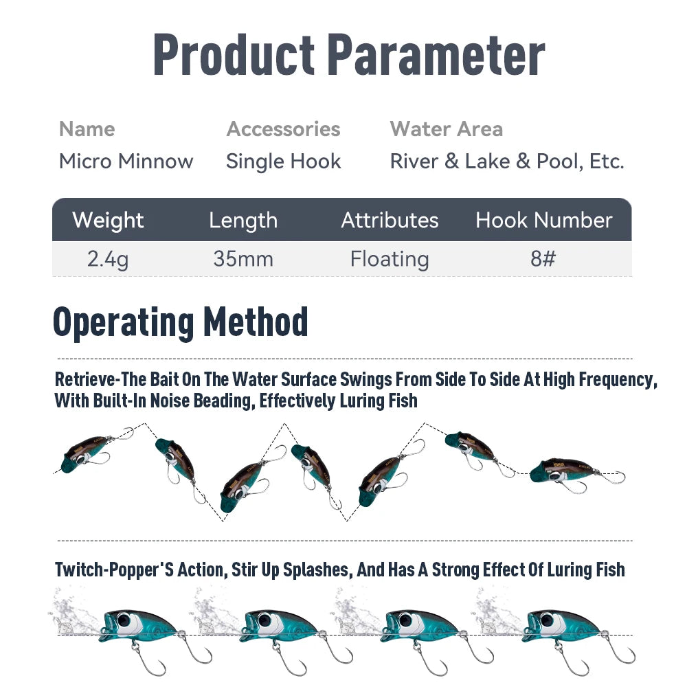 Micro Popper Topwater Fishing Lures 2.4G 35Mm Z-Action Hard Bait High Quality Floating Minnow Single Hook for Bass Pike