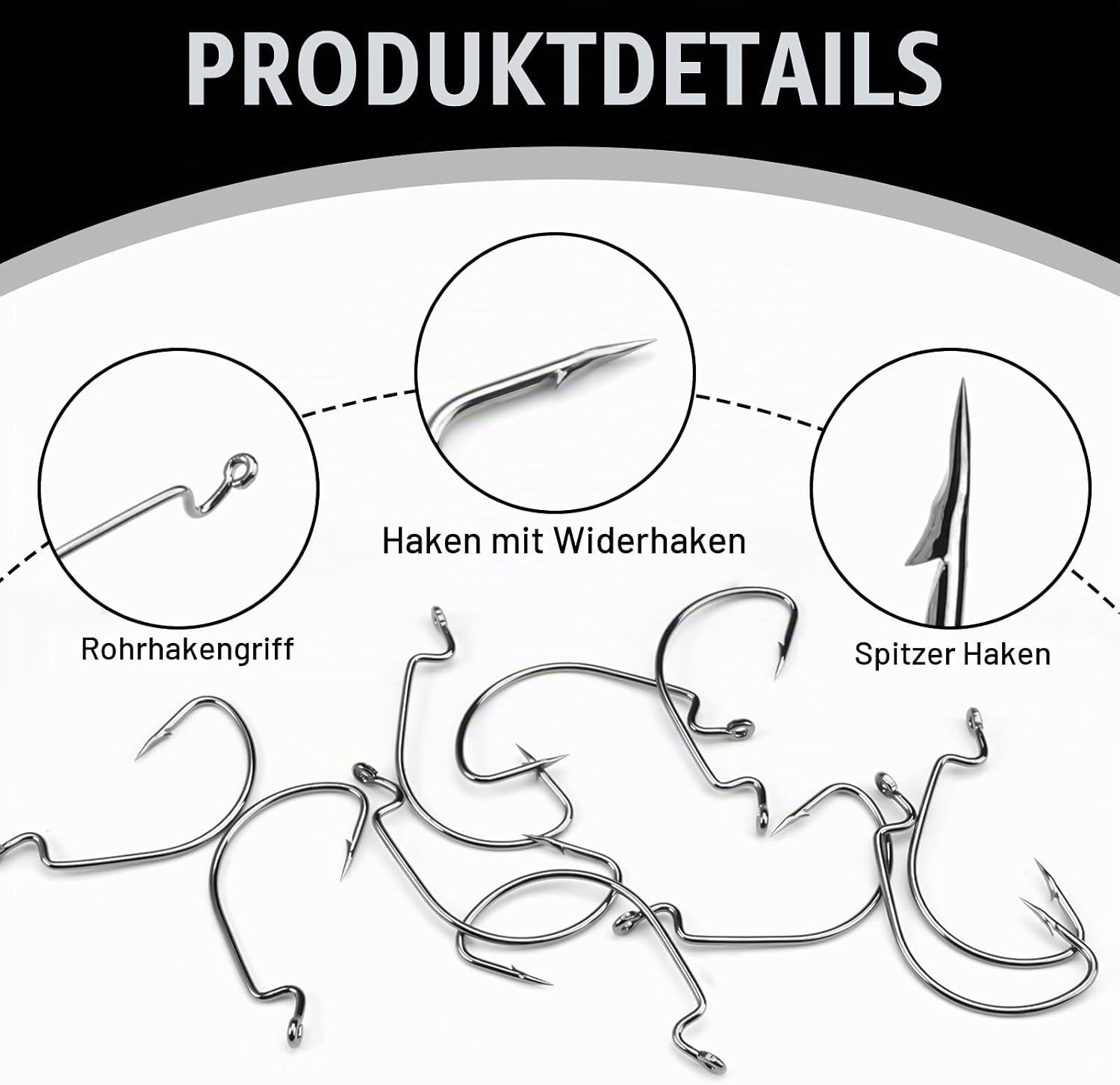 50 Stück Offset Wurm Jig Haken, 5 Größen, Kohlenstoffstahl | Drop Shot Haken, Angelhaken Set, Gummifische Jigs, Creature Köder