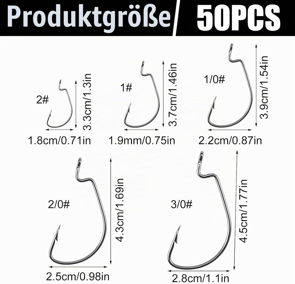 50 Stück Offset Wurm Jig Haken, 5 Größen, Kohlenstoffstahl | Drop Shot Haken, Angelhaken Set, Gummifische Jigs, Creature Köder