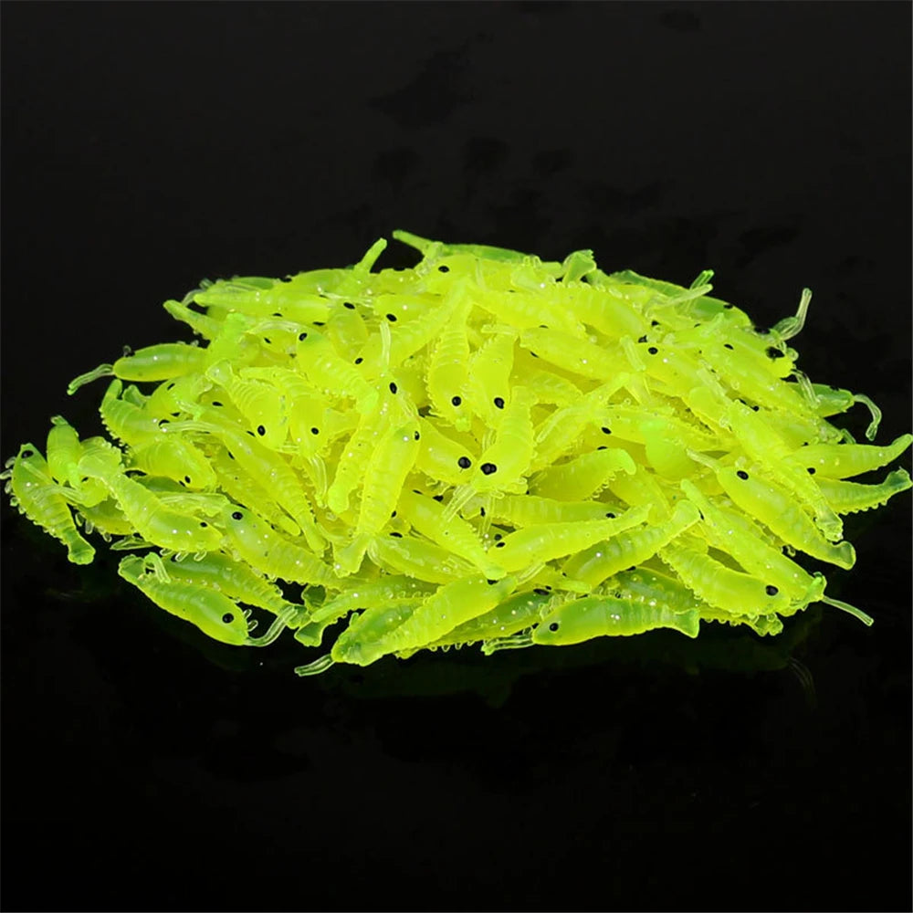 100Pcs Soft Silicone Shrimp Fishing Lures 2.7Cm 0.3G Small Light Green Freshwater Fishing Glow Shrimp Bait Carp Fishing Pesca