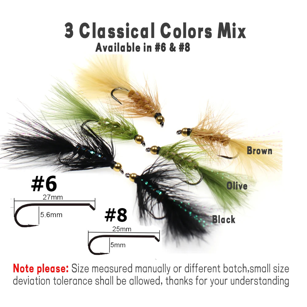 12Pcs Brass Bead Head Woolly Bugger Streamers Fly Fishing Flies for Steelhead Pike Bass Rainbow Trout Fishing Lures Bait