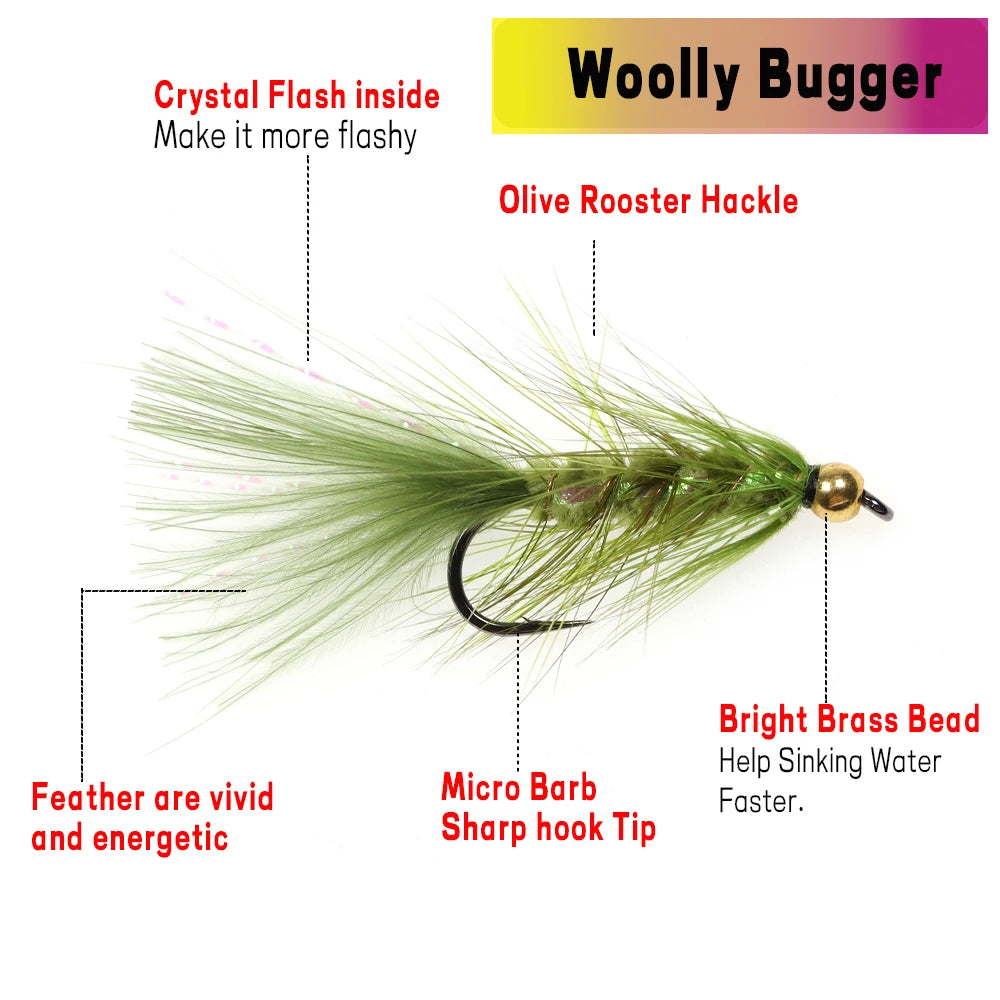 12Pcs Brass Bead Head Woolly Bugger Streamers Fly Fishing Flies for Steelhead Pike Bass Rainbow Trout Fishing Lures Bait