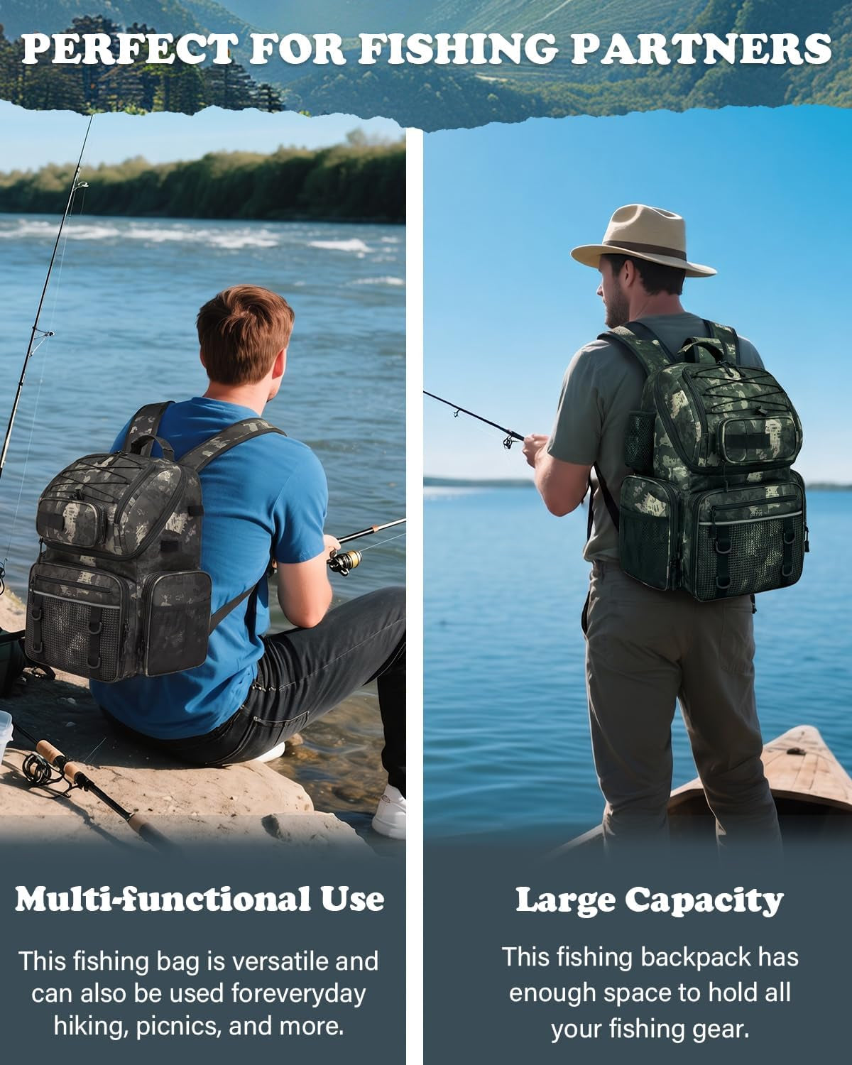 Angelrucksack Mit 2 Rutenhalter & 4 Boxen 50L Wasserabweisende Angeltasche | 900D Nylon Wasserabweisender Angel Rucksack Mit Kühlfach Für Angelzubehör Camping Wandern
