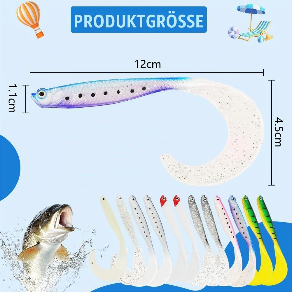 Gummifische Für Hecht Und Zander, 12 Stück Kunstköder Mit Twisterschwanz, Hechtköder Angeln Raubfischköder, Gummifische Für Hecht, Zanderköder Hechtköder, Weicher Köder Meer