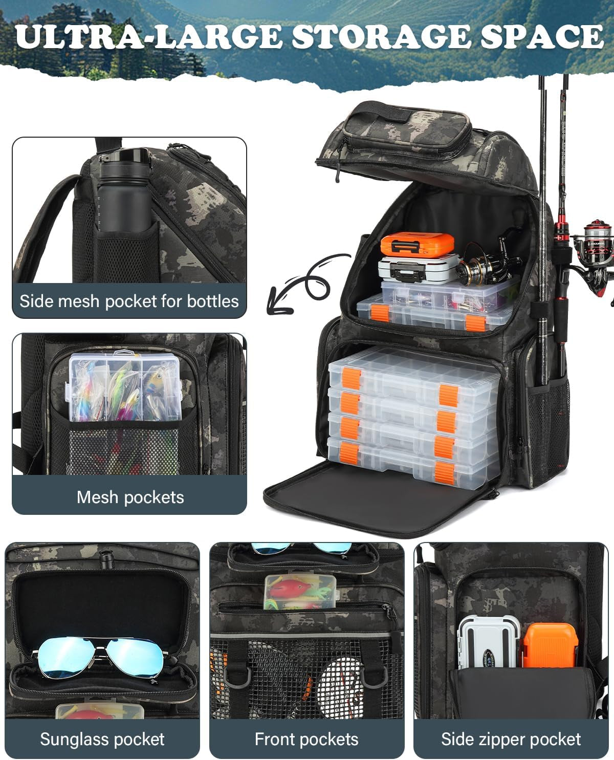 Angelrucksack Mit 2 Rutenhalter & 4 Boxen 50L Wasserabweisende Angeltasche | 900D Nylon Wasserabweisender Angel Rucksack Mit Kühlfach Für Angelzubehör Camping Wandern