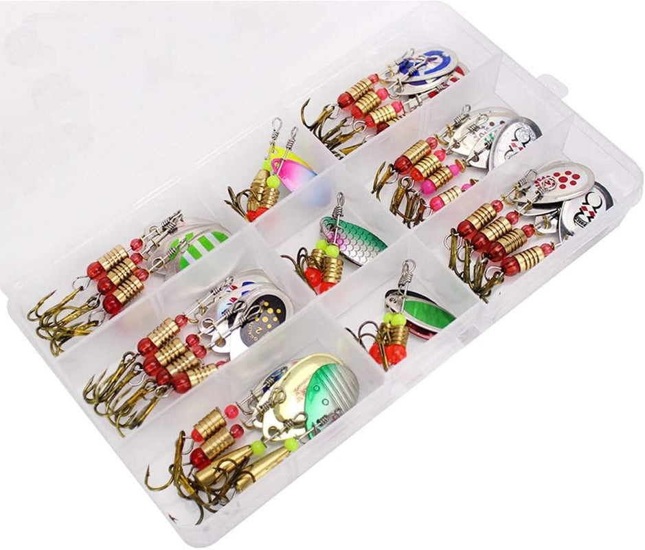 Fishing Lures, Spinner Baits with Plastic Box for Bass Perch Pike Walleye Trout Salmon, Assorted Hard Metal Spinner Lures Kit, Fit Saltwater and Freshwater
