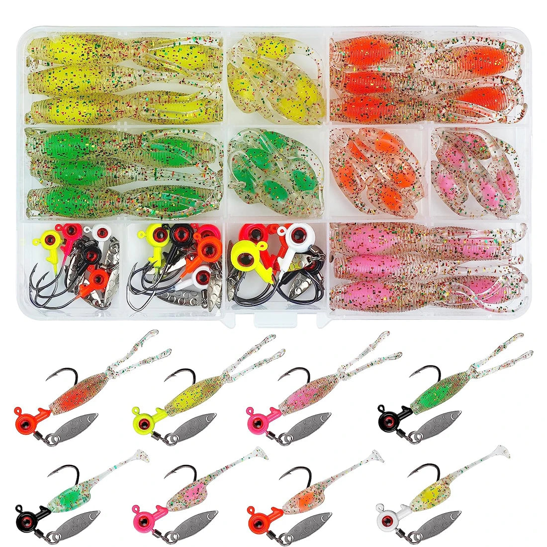 55/48Pcs Crappie Lures Jigs Heads Kit Soft Fishing Baits with Underspin Jig Hook for Bass Fishing Lures Panfish Fishing Tackle