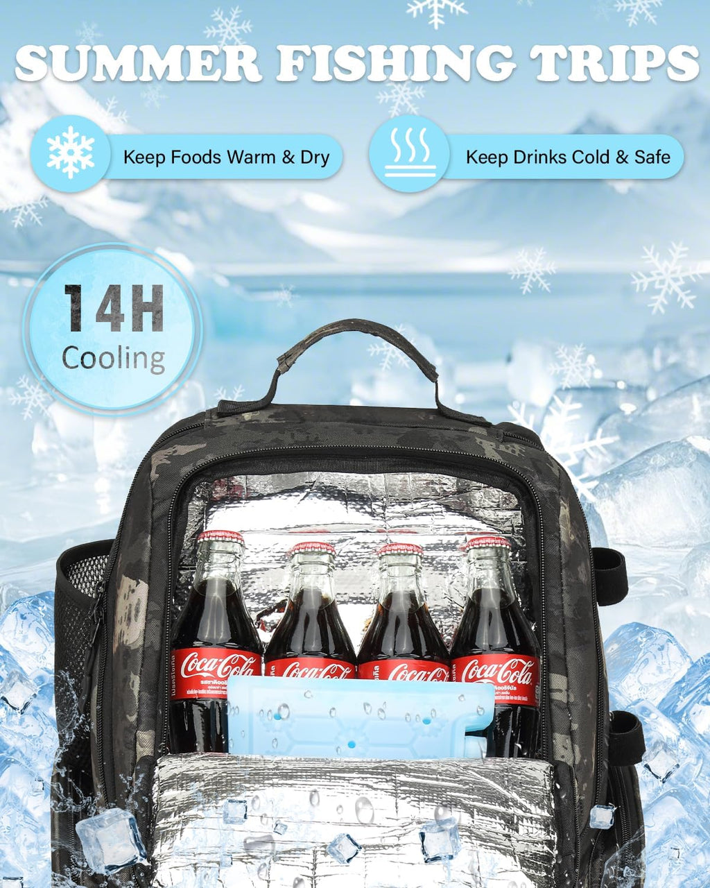 Angelrucksack Mit 2 Rutenhalter & 4 Boxen 50L Wasserabweisende Angeltasche | 900D Nylon Wasserabweisender Angel Rucksack Mit Kühlfach Für Angelzubehör Camping Wandern