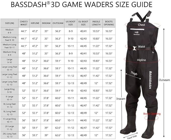 Bassdash 3D Angler's Waders, Ultra High Strength Black Plaid Nylon PVC Fishing Hunting Waders for Men