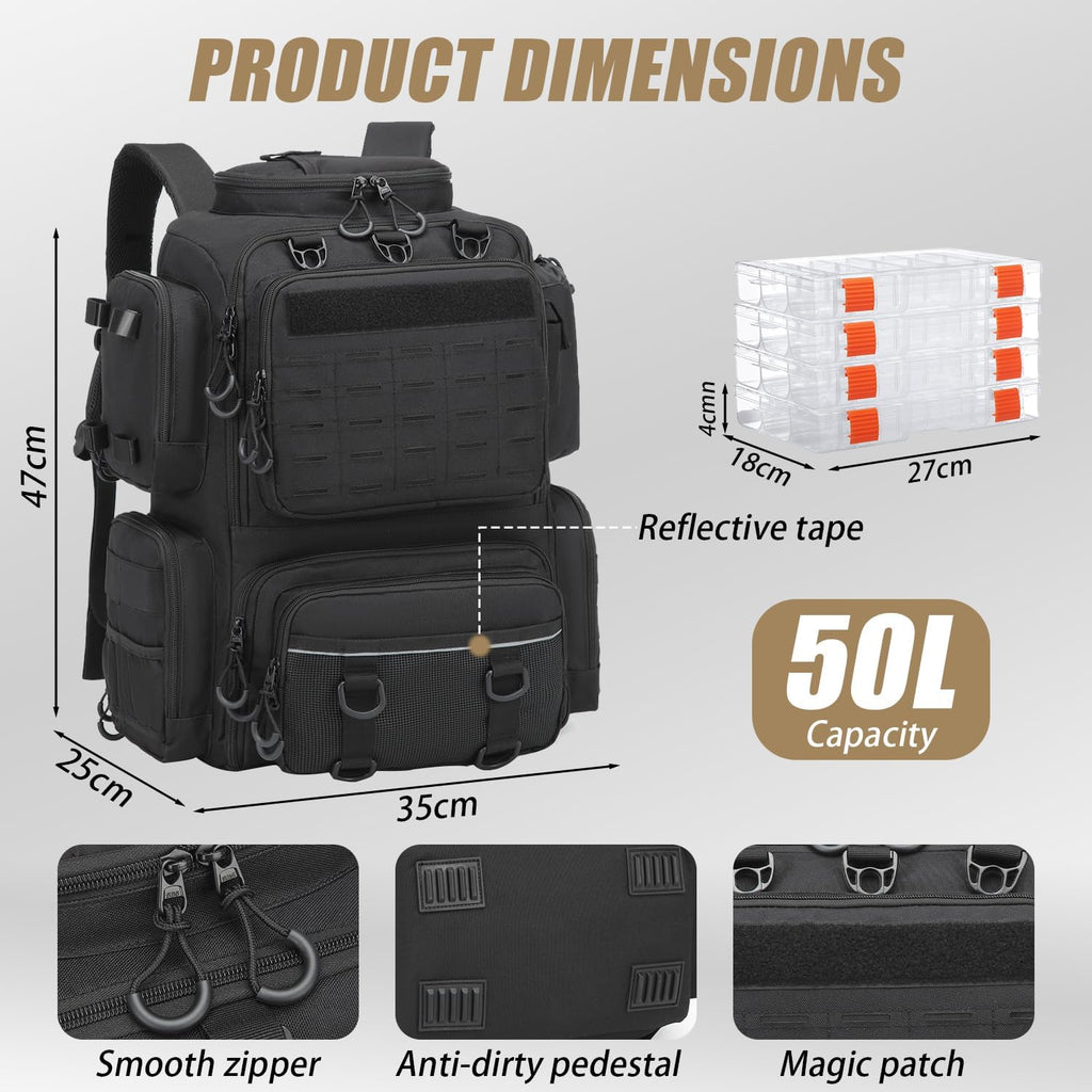 50L Angelrucksack Mit Rutenhaltern & 4 Boxen Wasserabweisende Angeltasche | 2 Rutenhalter, Kühlfach, Flaschenhalter, Hauptfach Mit Verstellbarem Trennwand, Brustgurt, Molle-System Und D-Ringe