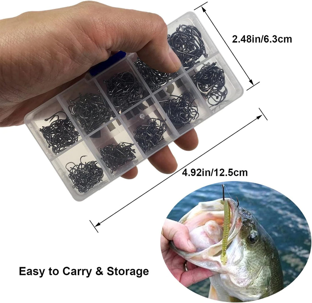 THKFISH 10Größen 500Stück Angelhaken Kohlenstoffstahl Angelhaken Set Mit Kunststoff Box Angelzubehör Set Augen Haken