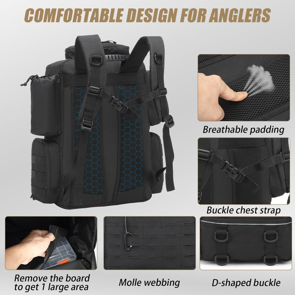 50L Angelrucksack Mit Rutenhaltern & 4 Boxen Wasserabweisende Angeltasche | 2 Rutenhalter, Kühlfach, Flaschenhalter, Hauptfach Mit Verstellbarem Trennwand, Brustgurt, Molle-System Und D-Ringe
