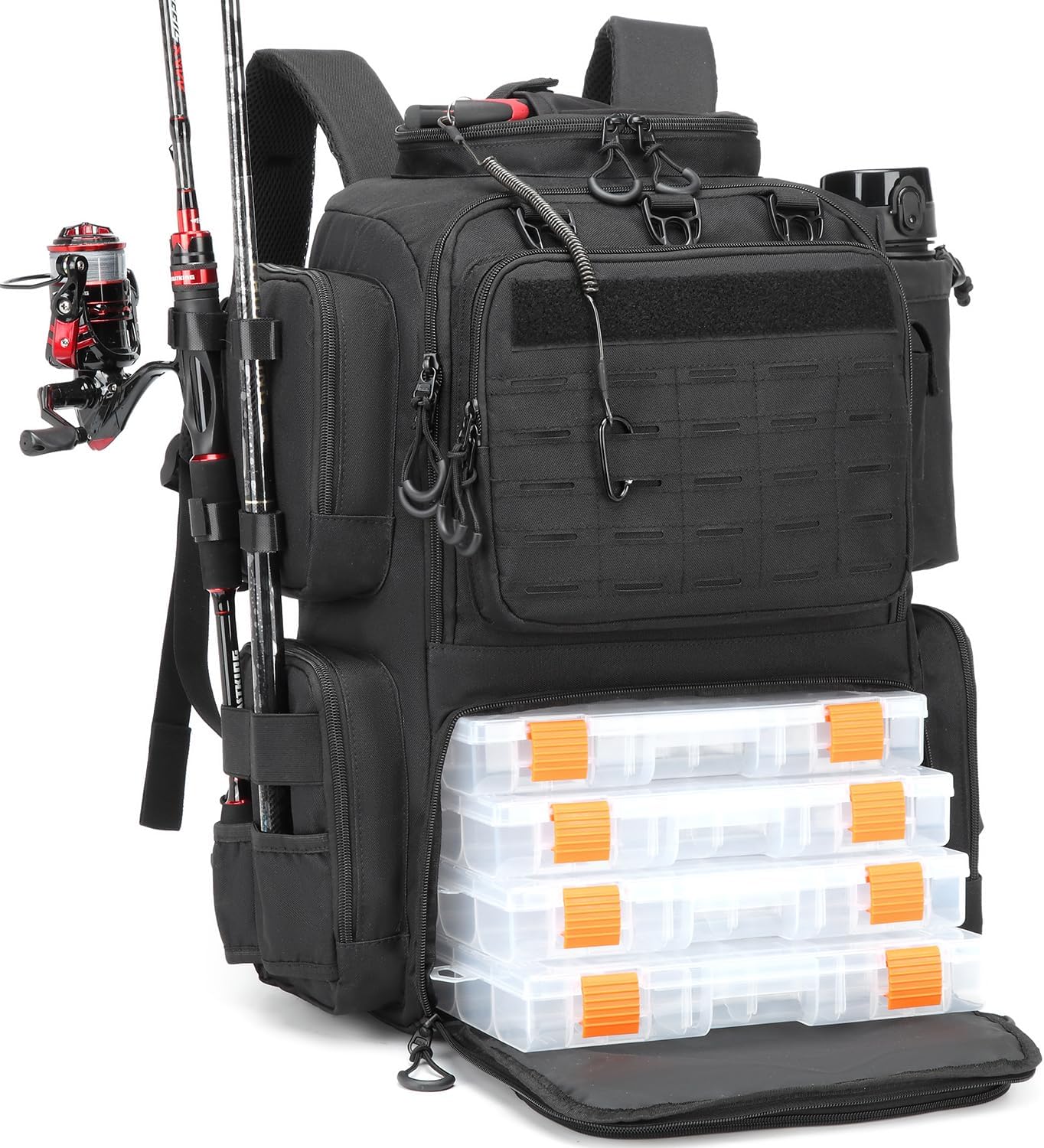 50L Angelrucksack Mit Rutenhaltern & 4 Boxen Wasserabweisende Angeltasche | 2 Rutenhalter, Kühlfach, Flaschenhalter, Hauptfach Mit Verstellbarem Trennwand, Brustgurt, Molle-System Und D-Ringe