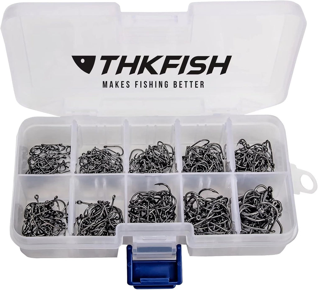 THKFISH 10Größen 500Stück Angelhaken Kohlenstoffstahl Angelhaken Set Mit Kunststoff Box Angelzubehör Set Augen Haken