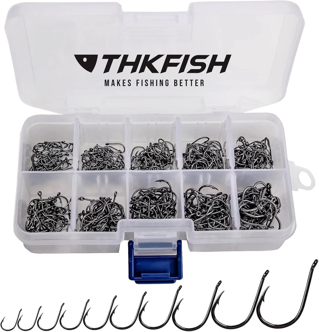 THKFISH 10Größen 500Stück Angelhaken Kohlenstoffstahl Angelhaken Set Mit Kunststoff Box Angelzubehör Set Augen Haken