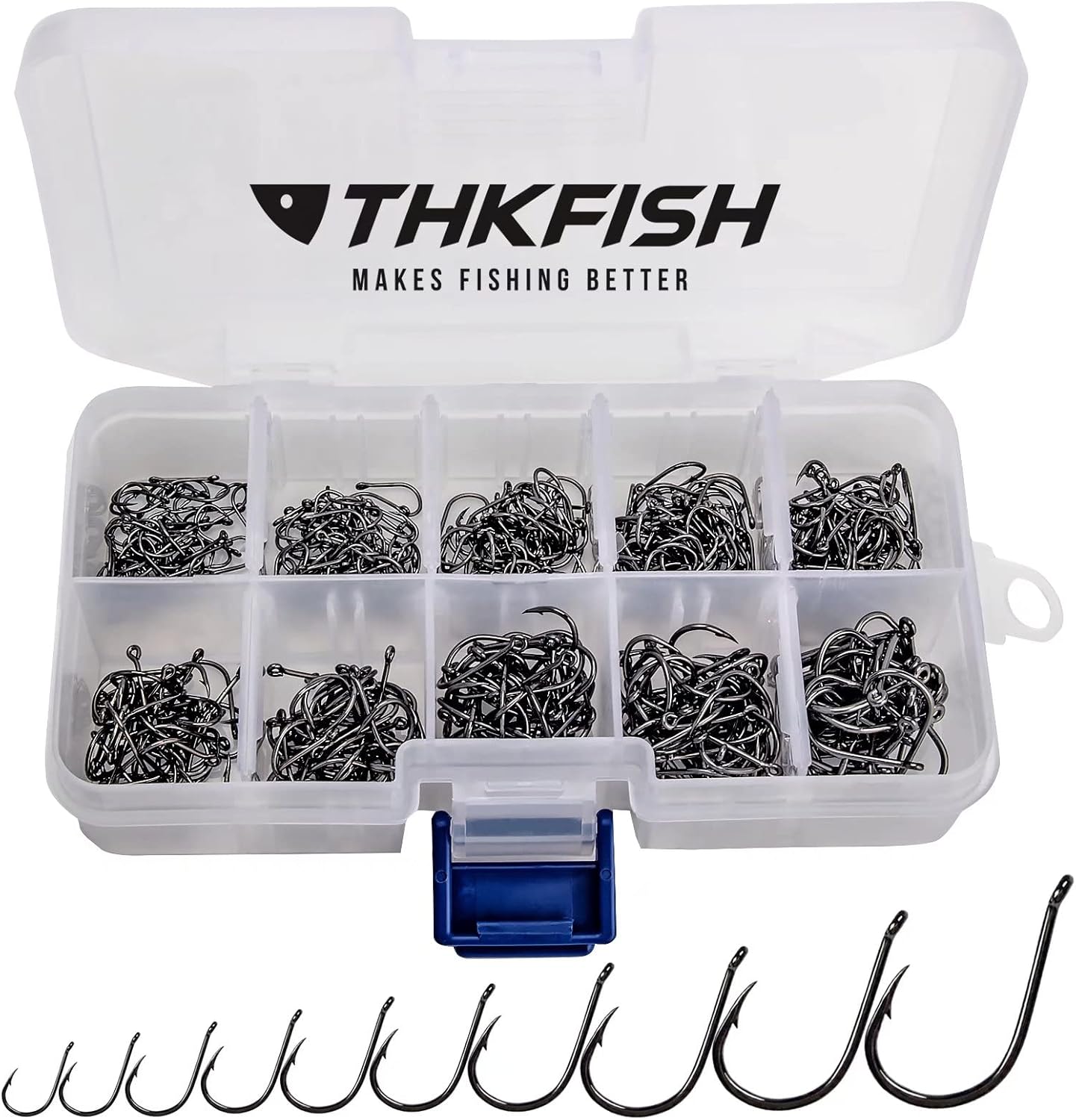 THKFISH 10Größen 500Stück Angelhaken Kohlenstoffstahl Angelhaken Set Mit Kunststoff Box Angelzubehör Set Augen Haken