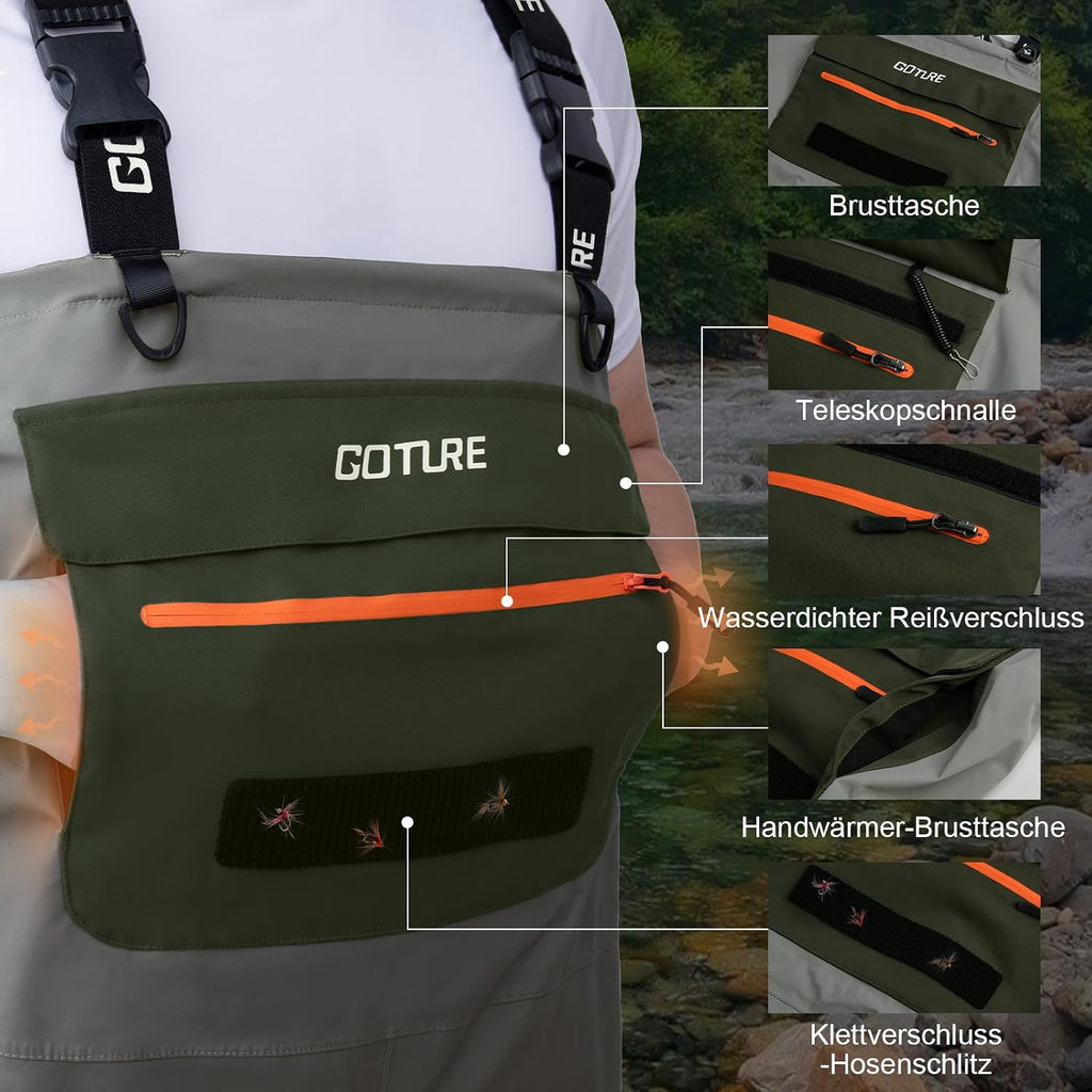 Goture Atmungsaktive Wathose Herren Wasserdicht, 5-Lagen Nylon Angeln Brustwathose Mit Abnehmbarem Ausrüstungsgürtel, 25000Mm WPR, 4Mm Neopren-Füßlinge Für Fliegenfischen