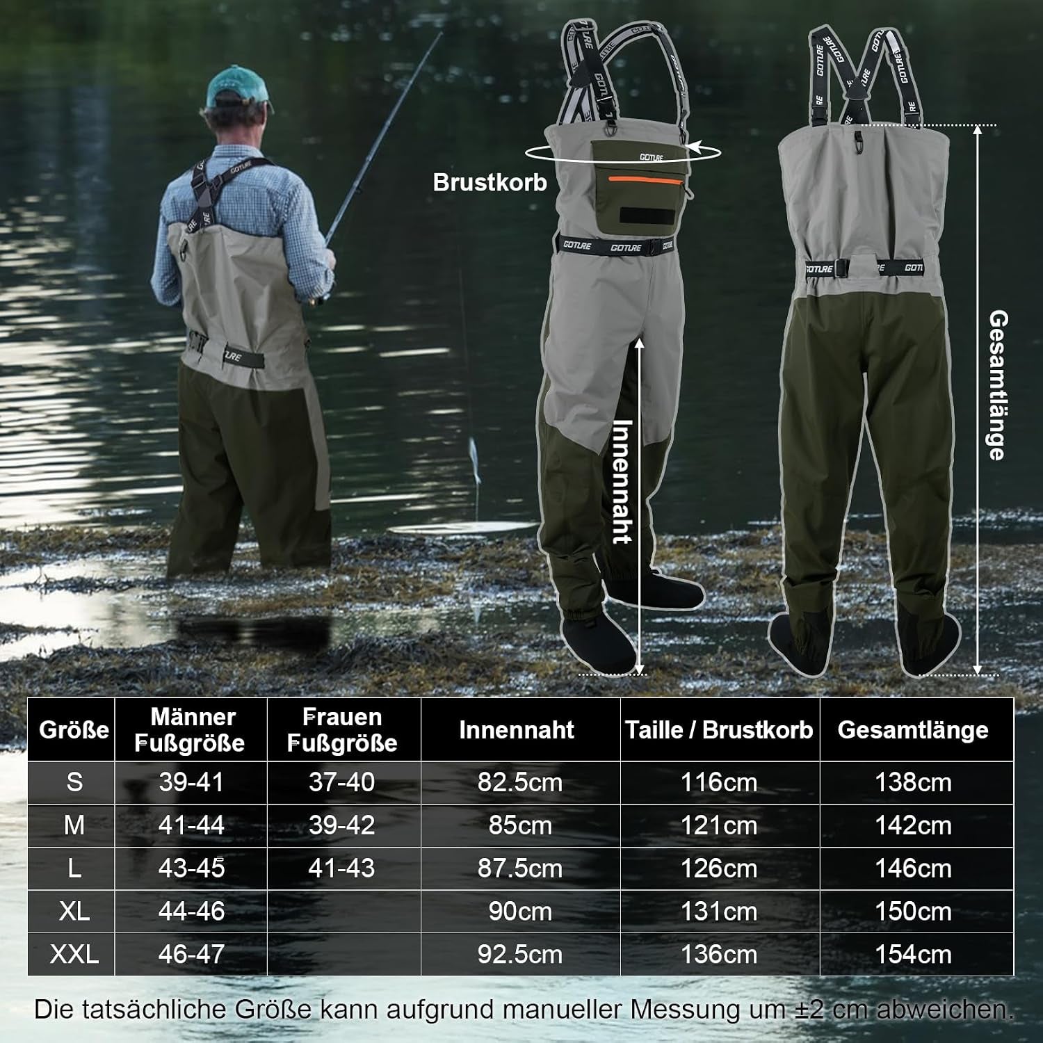Goture Atmungsaktive Wathose Herren Wasserdicht, 5-Lagen Nylon Angeln Brustwathose Mit Abnehmbarem Ausrüstungsgürtel, 25000Mm WPR, 4Mm Neopren-Füßlinge Für Fliegenfischen