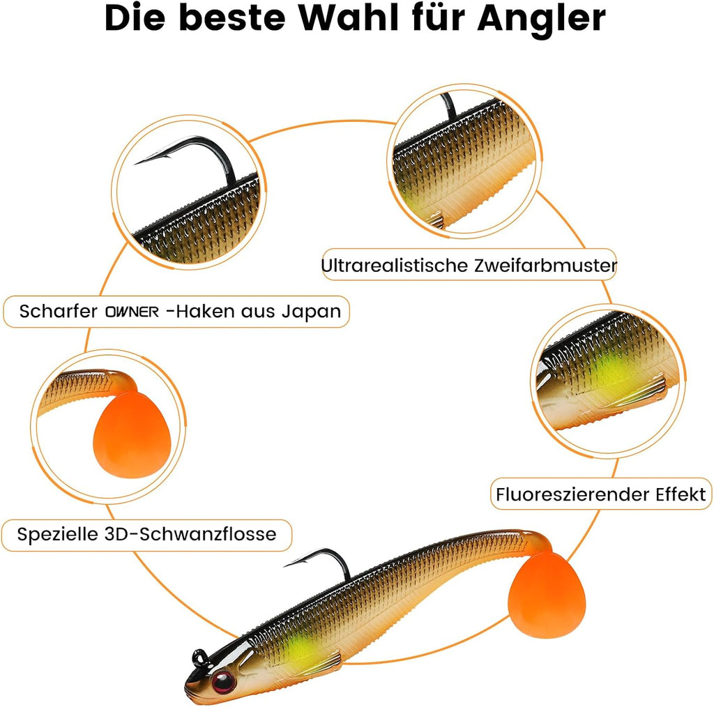 TRUSCEND Einfacher Fang Gummifische Mit Bkk-Haken, Besondere Vibrierende Schwimm- & Zitternde Jigging-Aktion Für Mehr Bisse, Tolle Weiche Köder Für Barsch, Forelle, Hecht, Zander, EIN Familienmuss