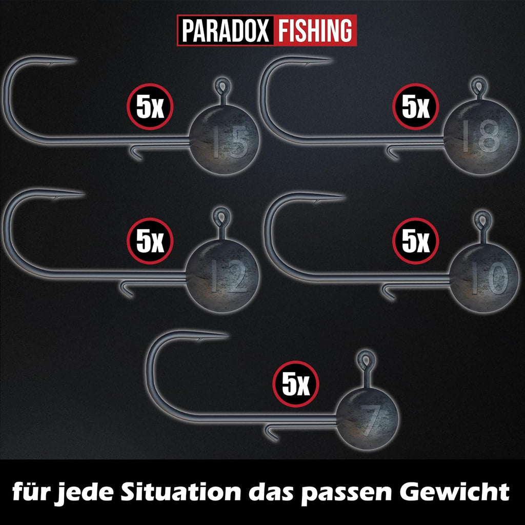 Paradox Fishing Jigköpfe Sets 2/0 3/0 4/0 5-28G - 15/25 St. - Jig Köpfe Gummifisch Mit Jighead Für Gummifische Zander Angelzubehör