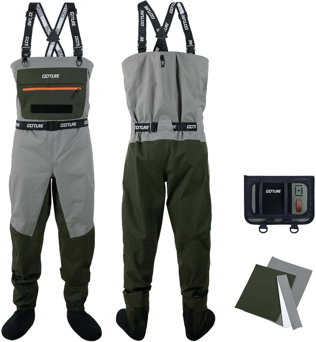 Goture Atmungsaktive Wathose Herren Wasserdicht, 5-Lagen Nylon Angeln Brustwathose Mit Abnehmbarem Ausrüstungsgürtel, 25000Mm WPR, 4Mm Neopren-Füßlinge Für Fliegenfischen