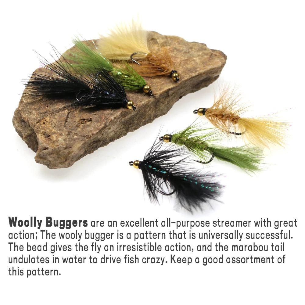 12Pcs Brass Bead Head Woolly Bugger Streamers Fly Fishing Flies for Steelhead Pike Bass Rainbow Trout Fishing Lures Bait