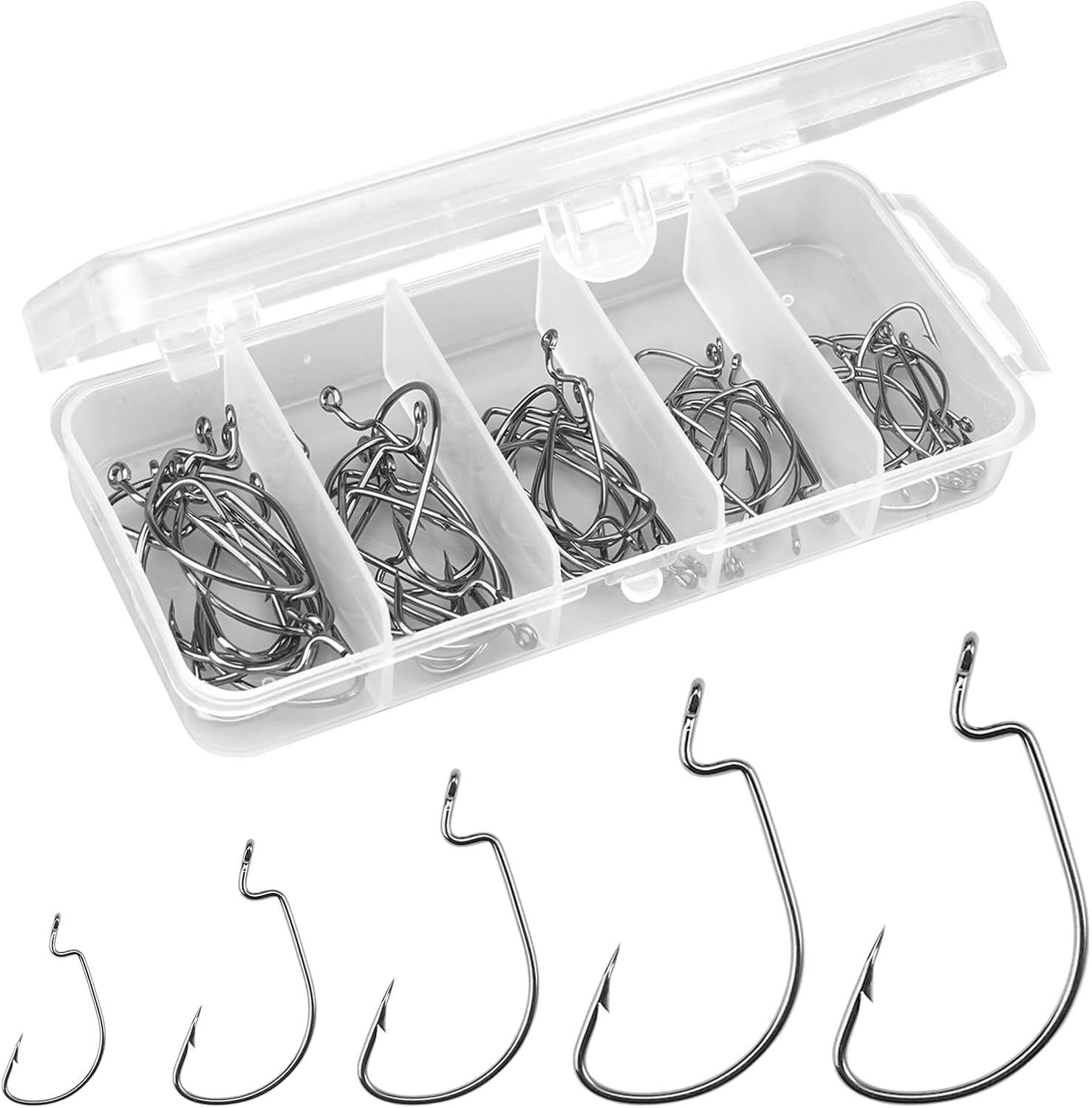 50 Stück Offset Wurm Jig Haken, 5 Größen, Kohlenstoffstahl | Drop Shot Haken, Angelhaken Set, Gummifische Jigs, Creature Köder