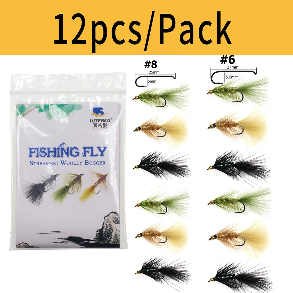 12Pcs Brass Bead Head Woolly Bugger Streamers Fly Fishing Flies for Steelhead Pike Bass Rainbow Trout Fishing Lures Bait