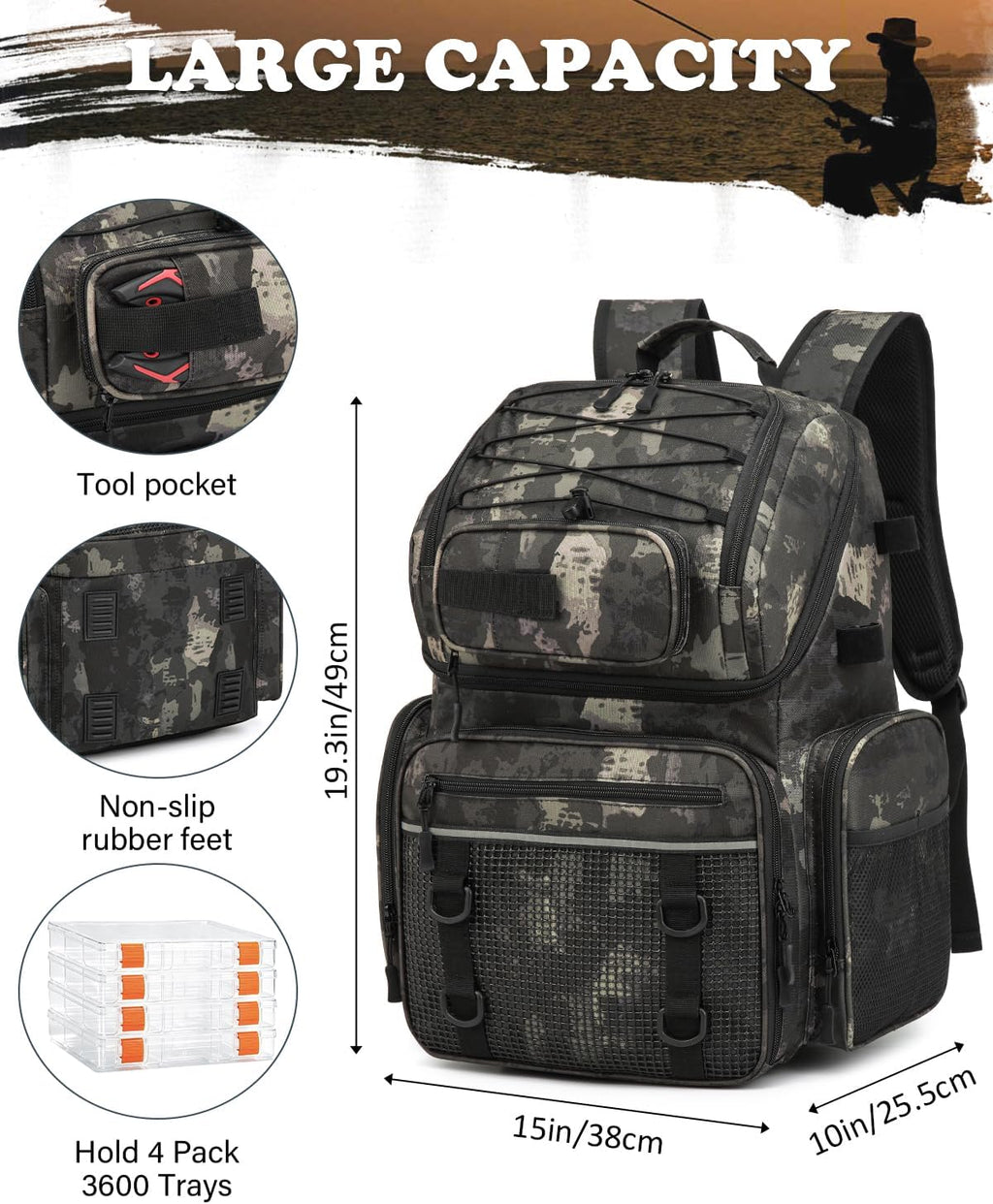 Angelrucksack Mit 2 Rutenhalter & 4 Boxen 50L Wasserabweisende Angeltasche | 900D Nylon Wasserabweisender Angel Rucksack Mit Kühlfach Für Angelzubehör Camping Wandern