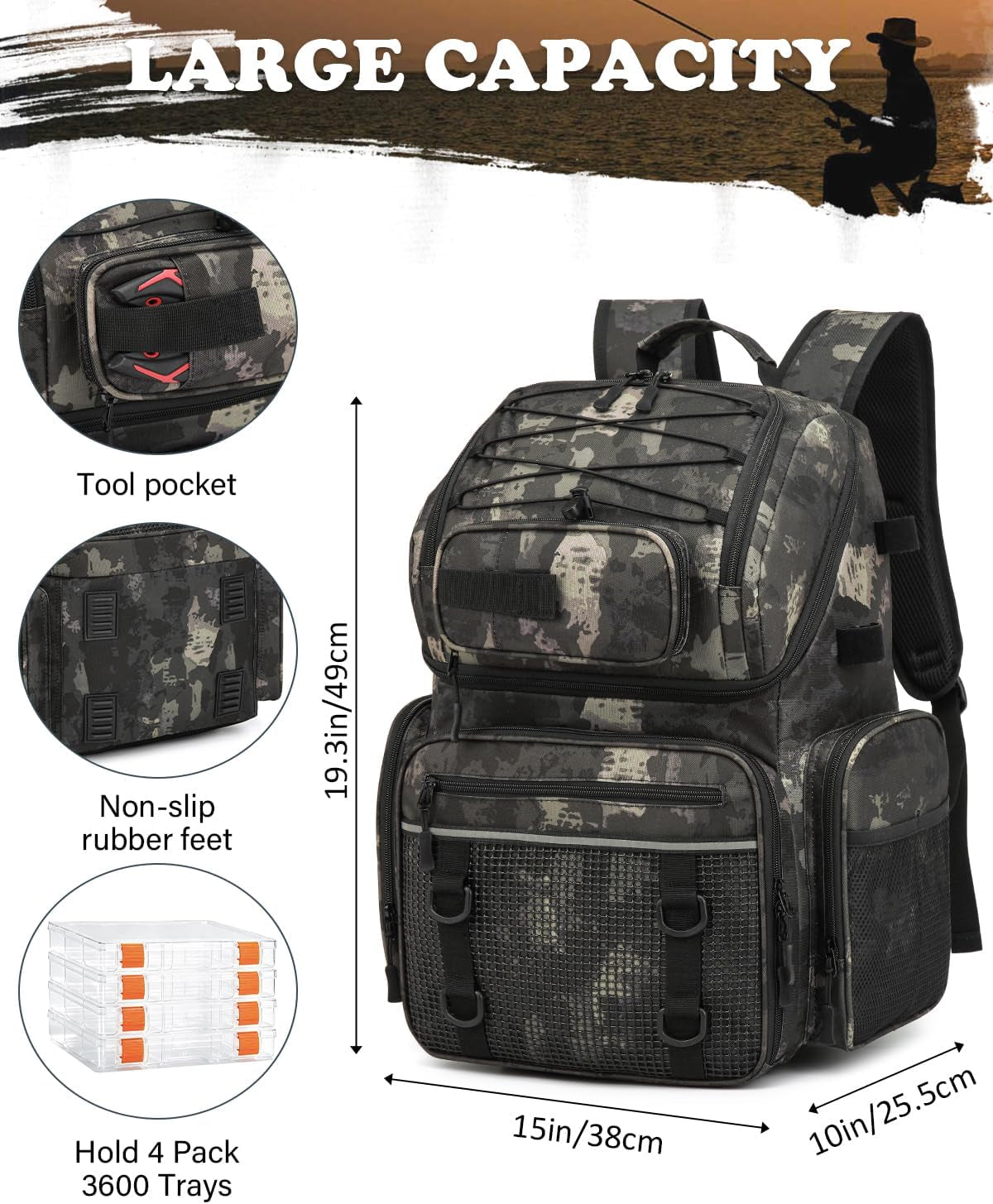 Angelrucksack Mit 2 Rutenhalter & 4 Boxen 50L Wasserabweisende Angeltasche | 900D Nylon Wasserabweisender Angel Rucksack Mit Kühlfach Für Angelzubehör Camping Wandern