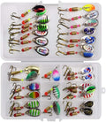 Fishing Lures, Spinner Baits with Plastic Box for Bass Perch Pike Walleye Trout Salmon, Assorted Hard Metal Spinner Lures Kit, Fit Saltwater and Freshwater