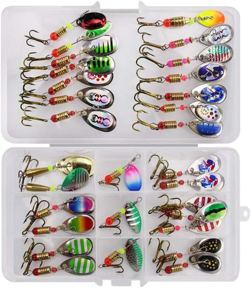 Fishing Lures, Spinner Baits with Plastic Box for Bass Perch Pike Walleye Trout Salmon, Assorted Hard Metal Spinner Lures Kit, Fit Saltwater and Freshwater