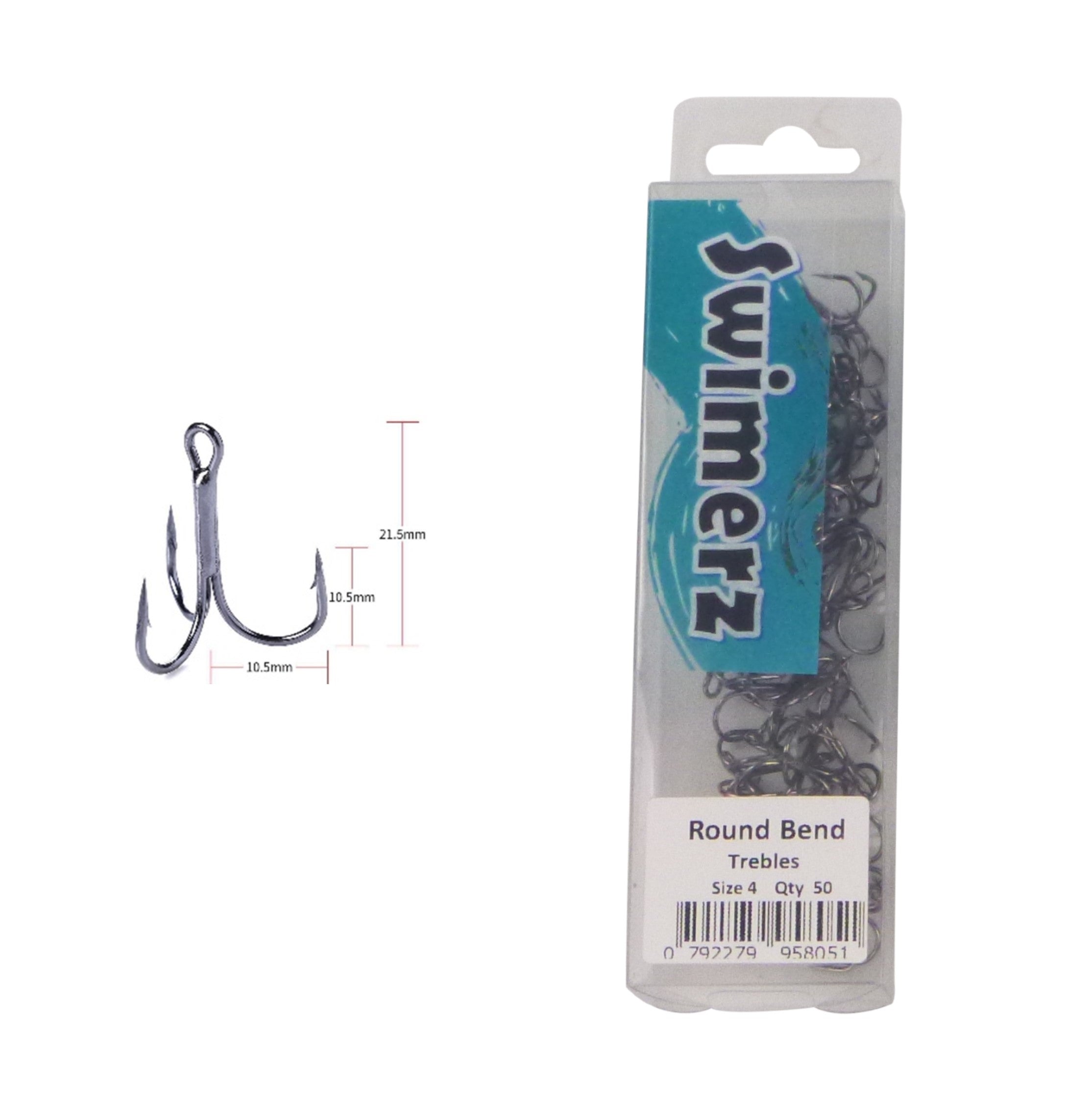 Swimerz Round Bend Trebles Size 4, 50 pack-1